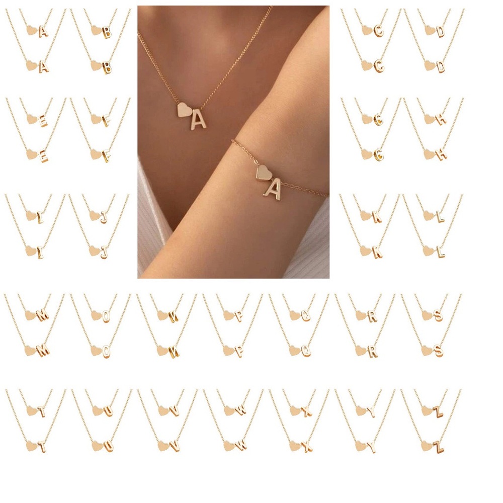 Heart & Initial Gold Plated Necklace and Bracelet Set